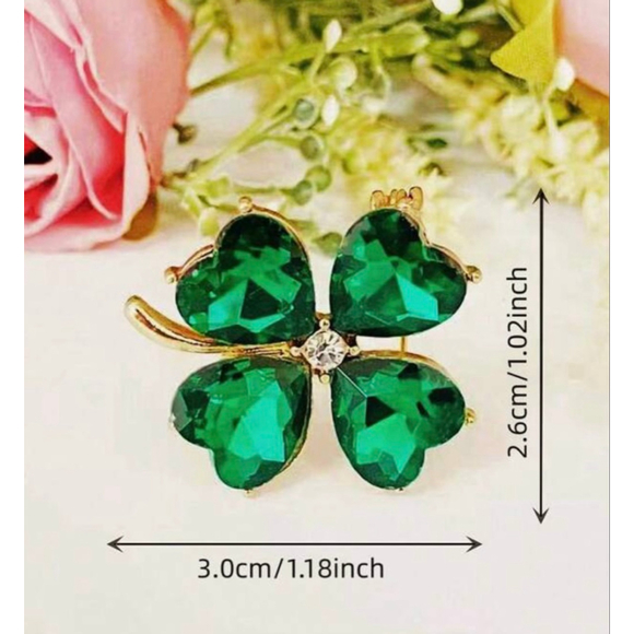 St. Patty’s Day Lucky Clover Green Gold Brooch - Picture 3 of 6